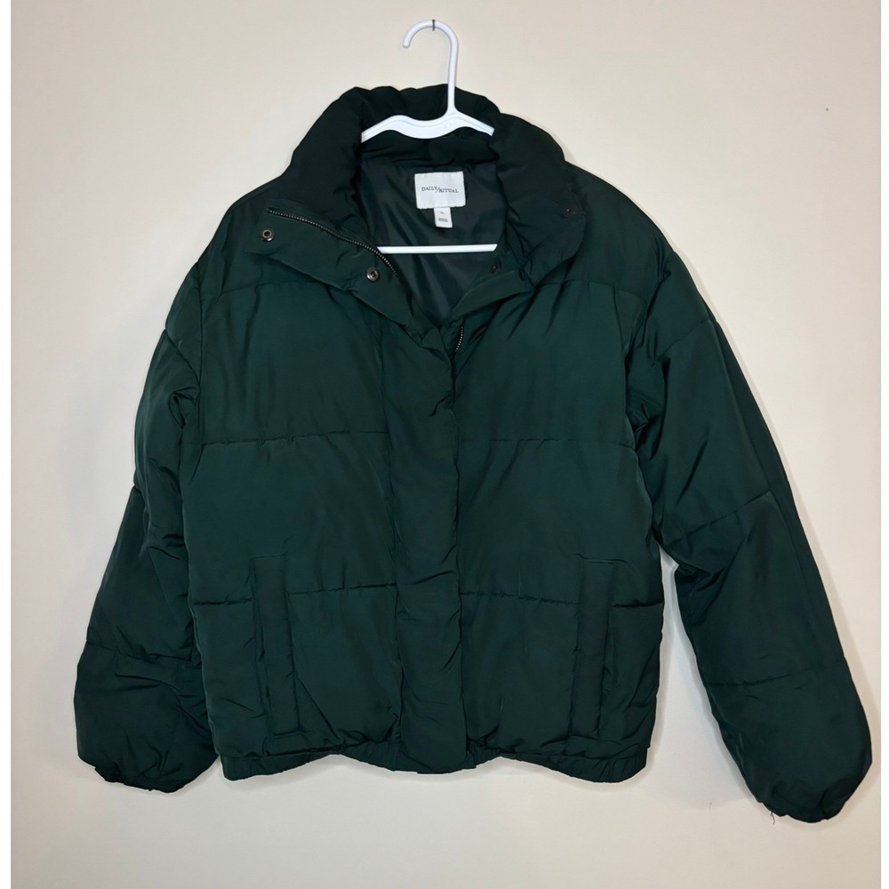 Daily Ritual Womens Forest Green Puffer Jacket Coat FLAW Snap up‎ Womens XS